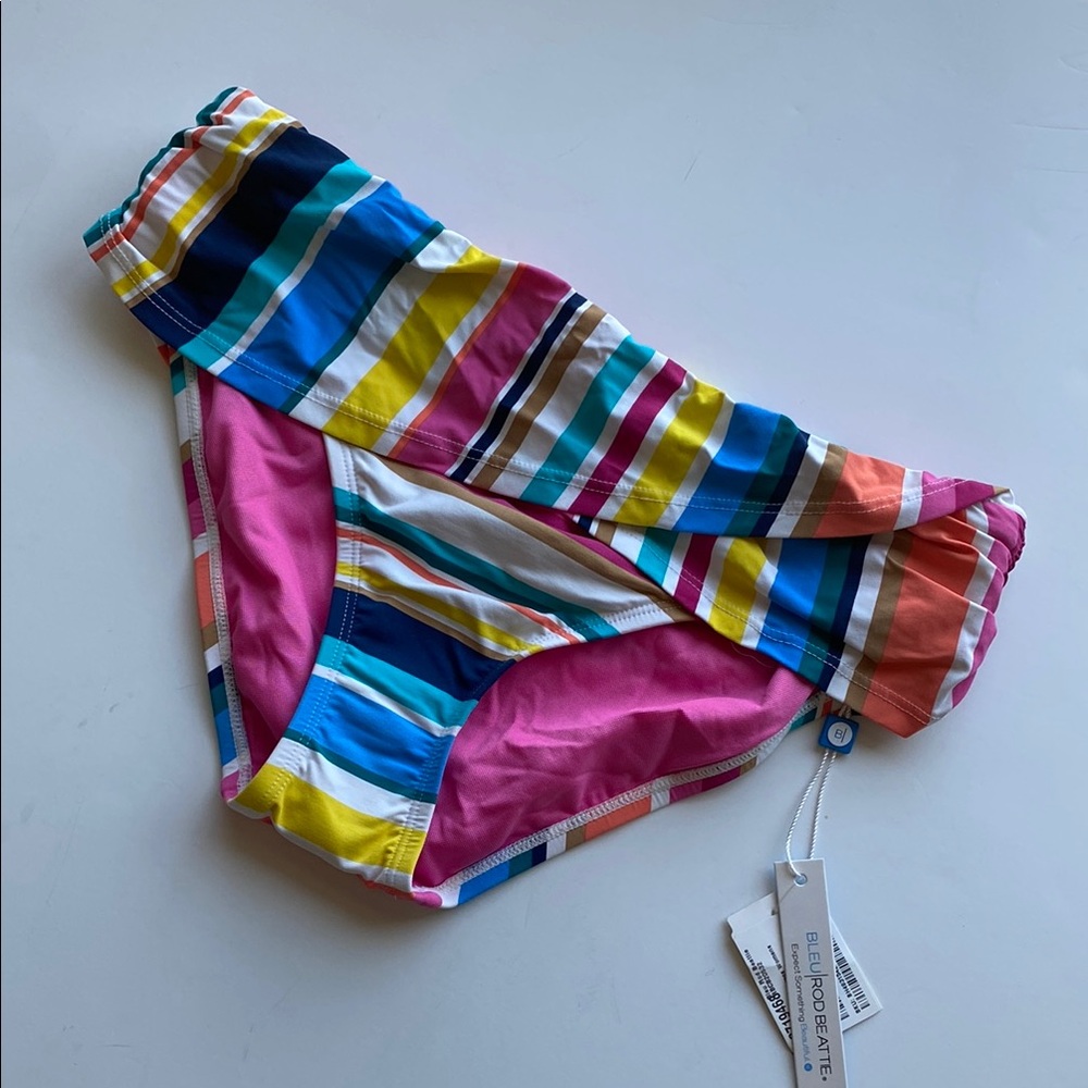 Striped Fold-Over Bikini Bottom with Pink Lining